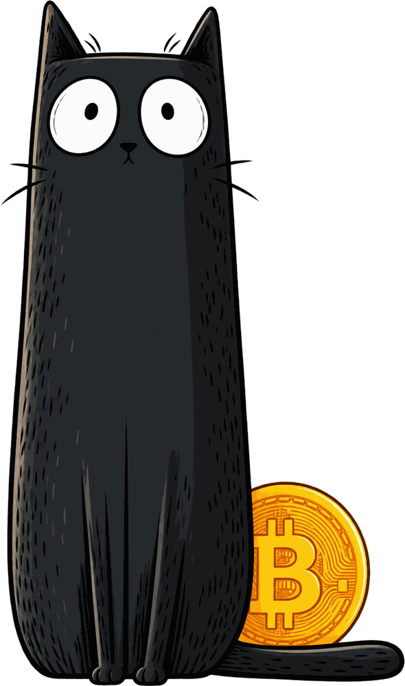 BITCAT, the Bitcoin cat mascot, sitting beside a Bitcoin coin
