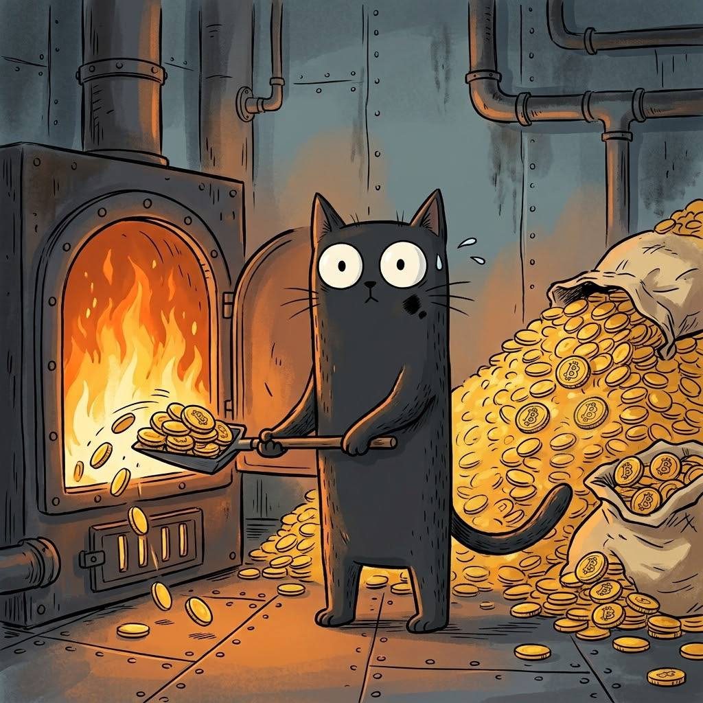 BITCAT shovelling Bitcoin into a furnace
